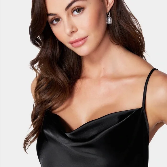 Bebe Satin Cowl Neck Slip Black and White Floral Midi Dress - Picture 11 of 12